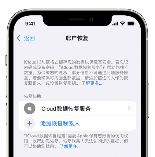 大丰镇苹果手机维修分享在 iPhone 上设置帐户恢复联系人的方法 