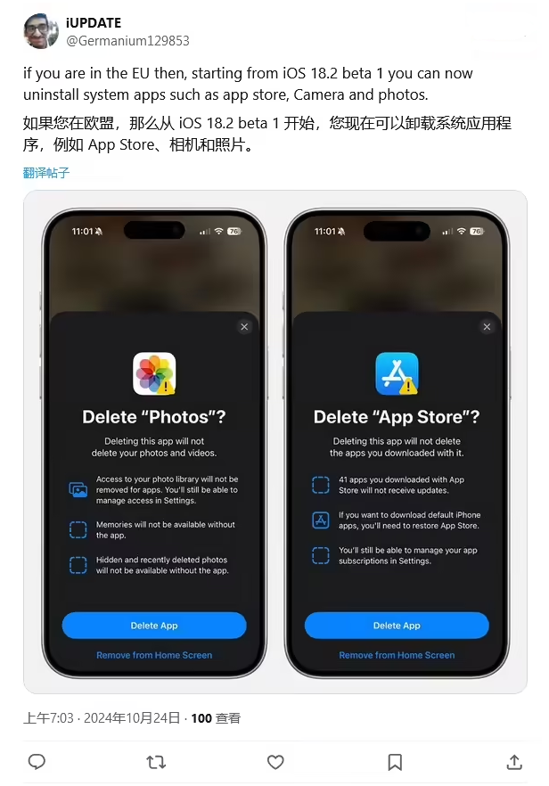 大丰镇苹果手机维修分享iOS 18.2 支持删除 App Store 应用商店 